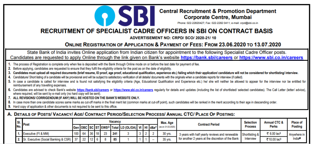 SBI SO Recruitment 2020