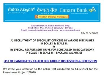 Canara Bank SO Result 2021