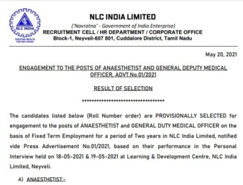 NLC India Result 2021