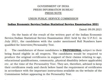 UPSC IES ISS Result 2021