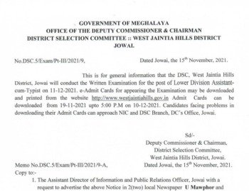 DSC West Jaintia Hills Admit Card 2021