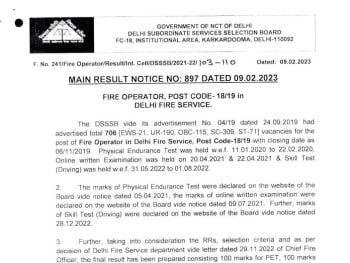 DSSSB Fire Operator Mains Result 2023