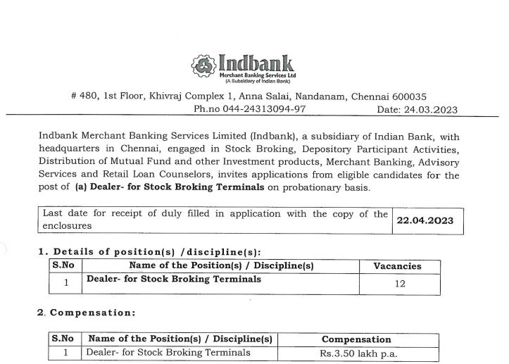 Indbank Recruitment 2023 12 Dealer Posts