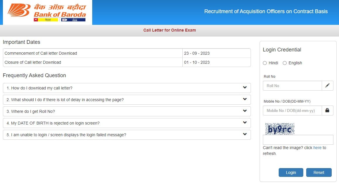 BOB Acquisition Officer Admit Card 2023