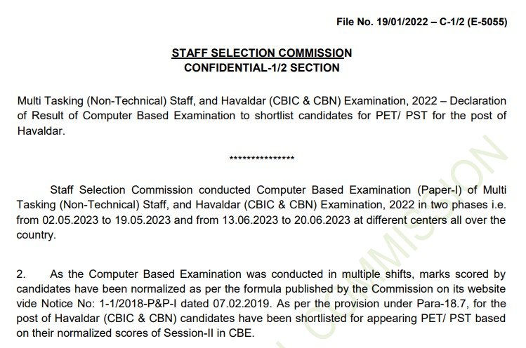 SSC Havaldar Result 2023